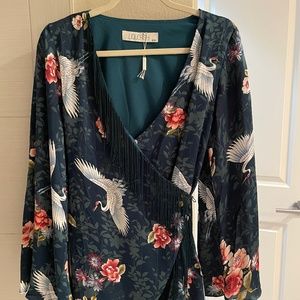 Liquorish ASOS Teal Kimono Fringe Wrap Dress